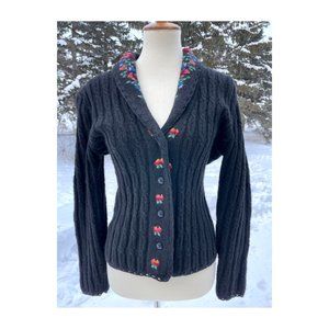 90s Heritage House Black Cardigan Cable Knit 100% Wool Floral Crewel Embroidery